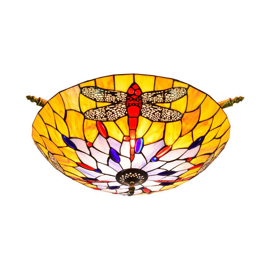 Tiffany Style Dragonfly Ceiling Fixture - Stained Glass 5-Light Semi Flush Mount - Elegant Brass Décor for Bedroom