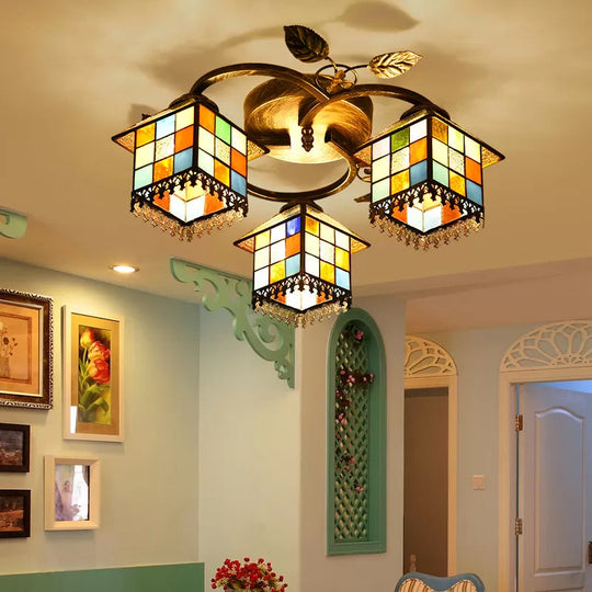 Antique Brass Stained Glass Ceiling Light - Cube Semi Flush Mount with Leaf Decoration, Tiffany Style