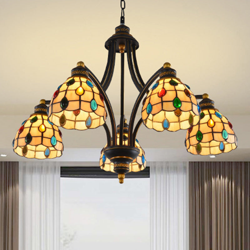 Tiffany Style Stained Glass Beaded Chandelier - Black and Gold, 3/6/8 Lights, Ceiling Pendant