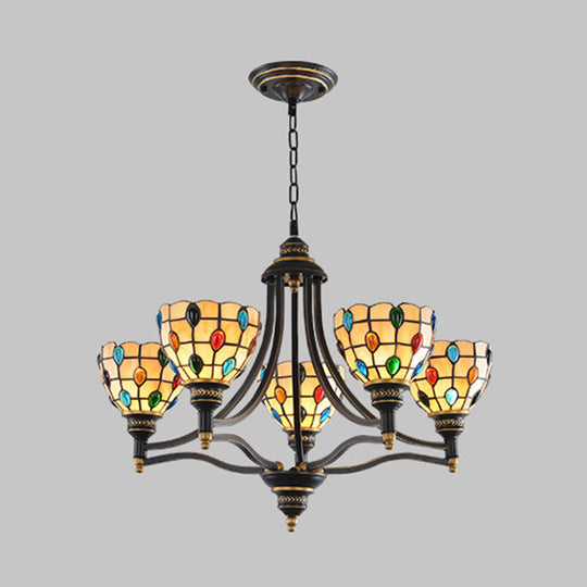 Tiffany Style Stained Glass Beaded Chandelier - Black and Gold, 3/6/8 Lights, Ceiling Pendant