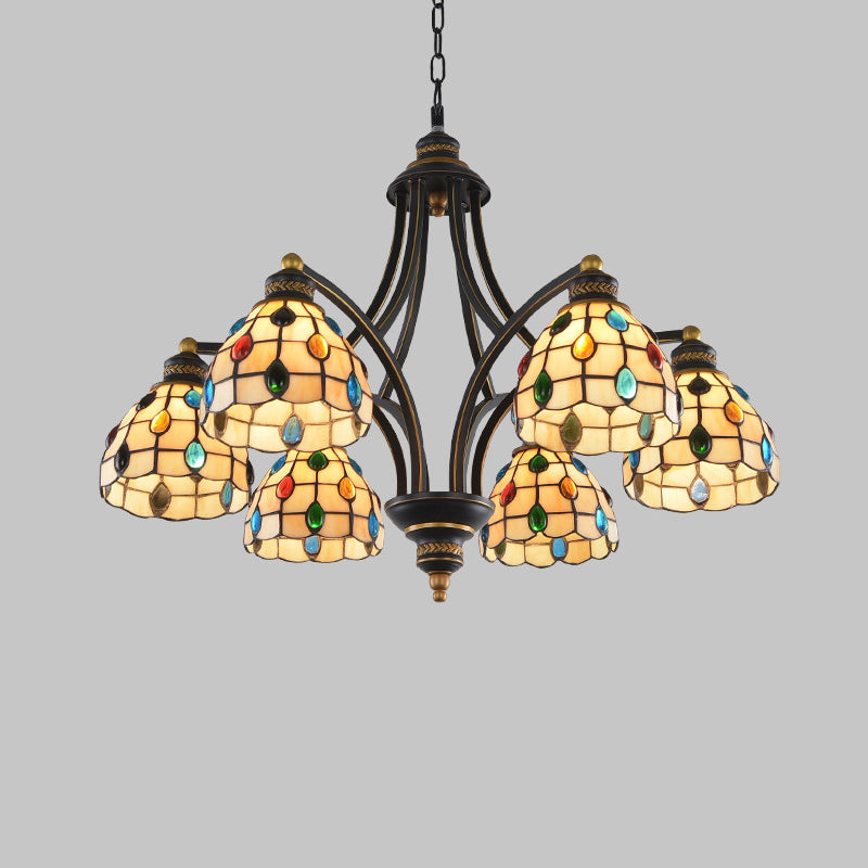 Tiffany Style Stained Glass Beaded Chandelier - Black and Gold, 3/6/8 Lights, Ceiling Pendant