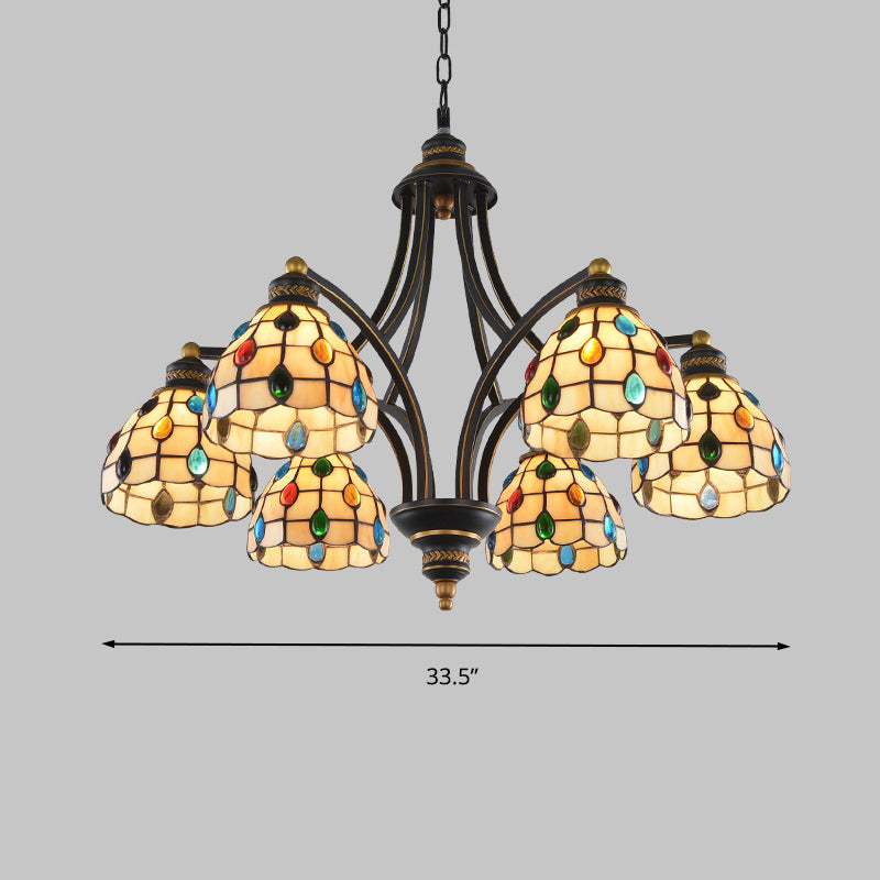 Tiffany Style Stained Glass Beaded Chandelier - Black and Gold, 3/6/8 Lights, Ceiling Pendant