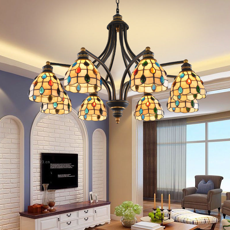 Tiffany Style Stained Glass Beaded Chandelier - Black and Gold, 3/6/8 Lights, Ceiling Pendant