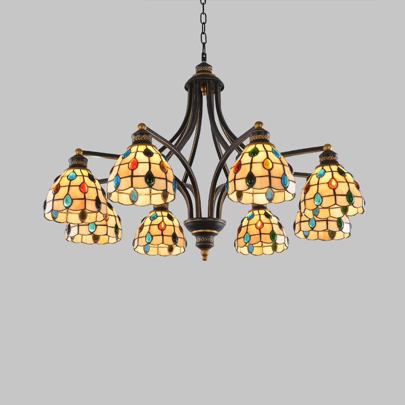 Tiffany Style Stained Glass Beaded Chandelier - Black and Gold, 3/6/8 Lights, Ceiling Pendant