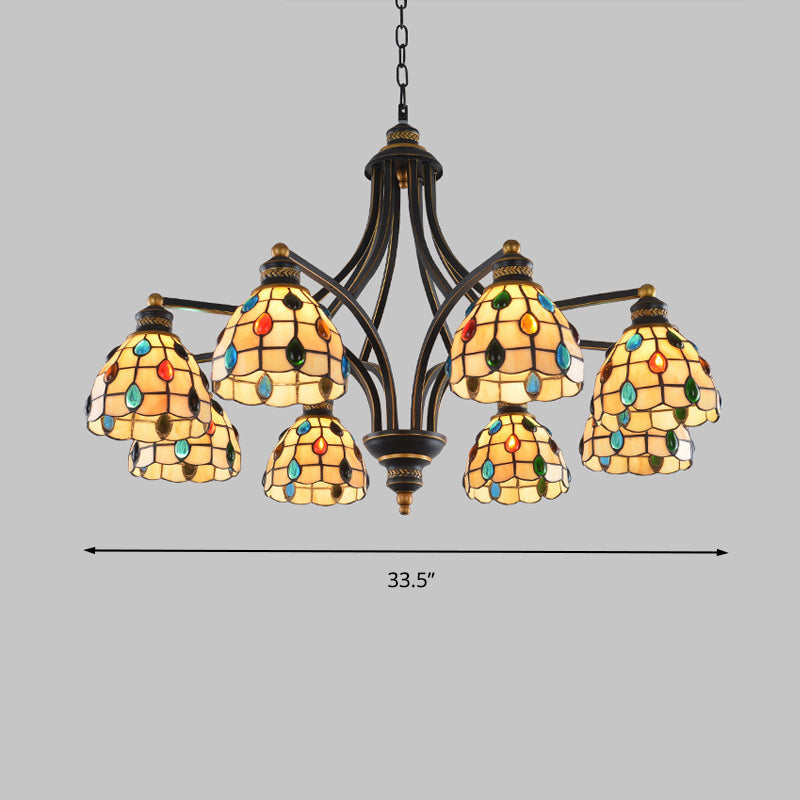 Tiffany Style Stained Glass Beaded Chandelier - Black and Gold, 3/6/8 Lights, Ceiling Pendant