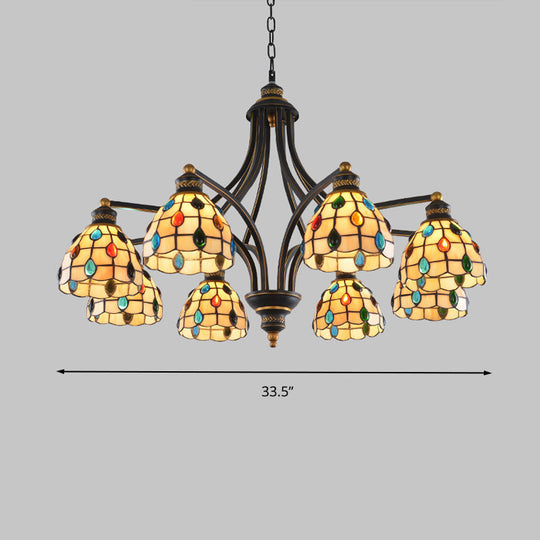 Tiffany Style Stained Glass Beaded Chandelier - Black and Gold, 3/6/8 Lights, Ceiling Pendant