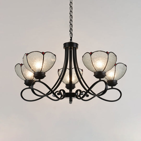 Tiffany Scalloped Chandelier Lamp - Frosted Glass Hanging Light Fixture In Black (3/6/8 Lights)