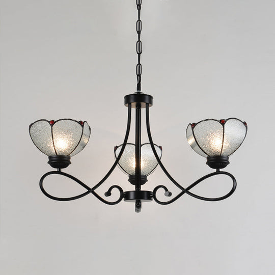 Tiffany Scalloped Chandelier Lamp - Frosted Glass Hanging Light Fixture In Black (3/6/8 Lights)