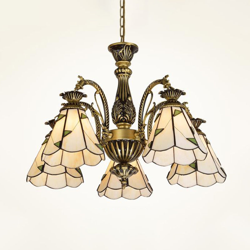 Stained Glass Chandelier Light Fixture - Mediterranean Style with 3/5/11 Lights, White/Antique Brass, Ceiling Pendant