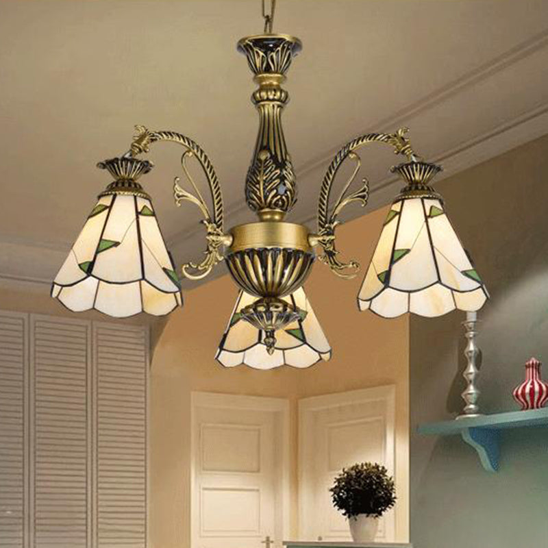 Stained Glass Chandelier Light Fixture - Mediterranean Style with 3/5/11 Lights, White/Antique Brass, Ceiling Pendant