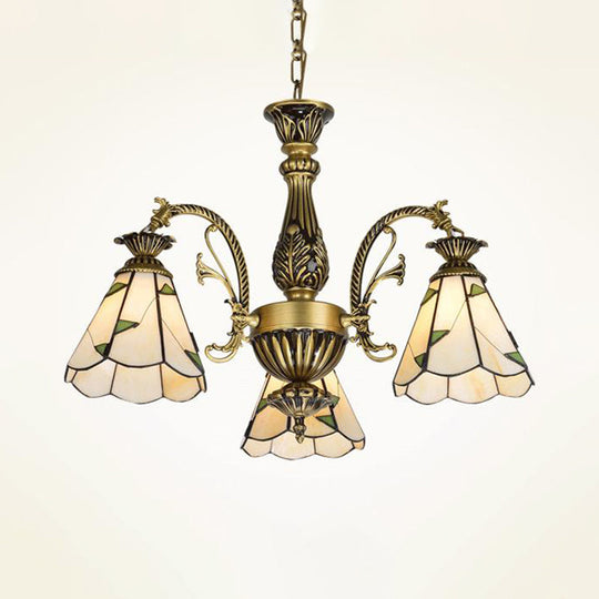 Mediterranean Stained Glass Chandelier Light Fixture - Conical Design 3/5/11 Lights White/Antique