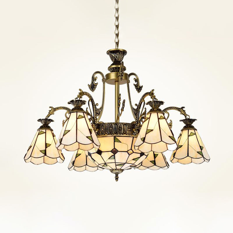 Stained Glass Chandelier Light Fixture - Mediterranean Style with 3/5/11 Lights, White/Antique Brass, Ceiling Pendant