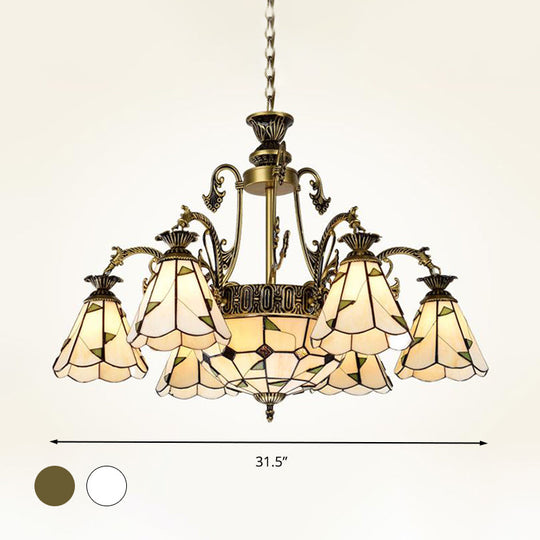 Stained Glass Chandelier Light Fixture - Mediterranean Style with 3/5/11 Lights, White/Antique Brass, Ceiling Pendant