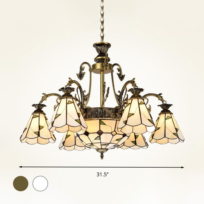 Mediterranean Stained Glass Chandelier Light Fixture - Conical Design 3/5/11 Lights White/Antique