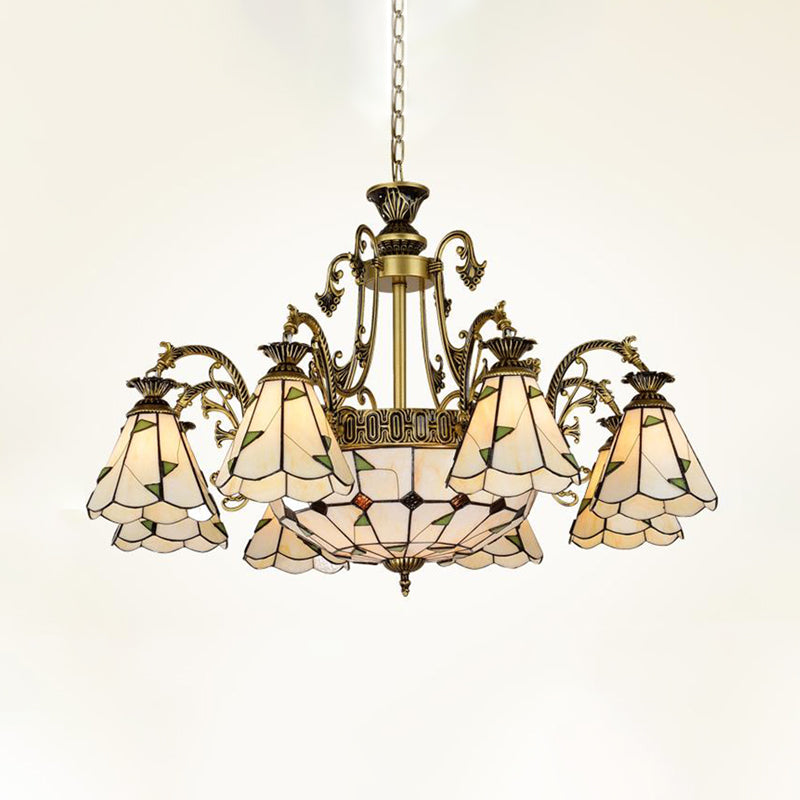 Stained Glass Chandelier Light Fixture - Mediterranean Style with 3/5/11 Lights, White/Antique Brass, Ceiling Pendant