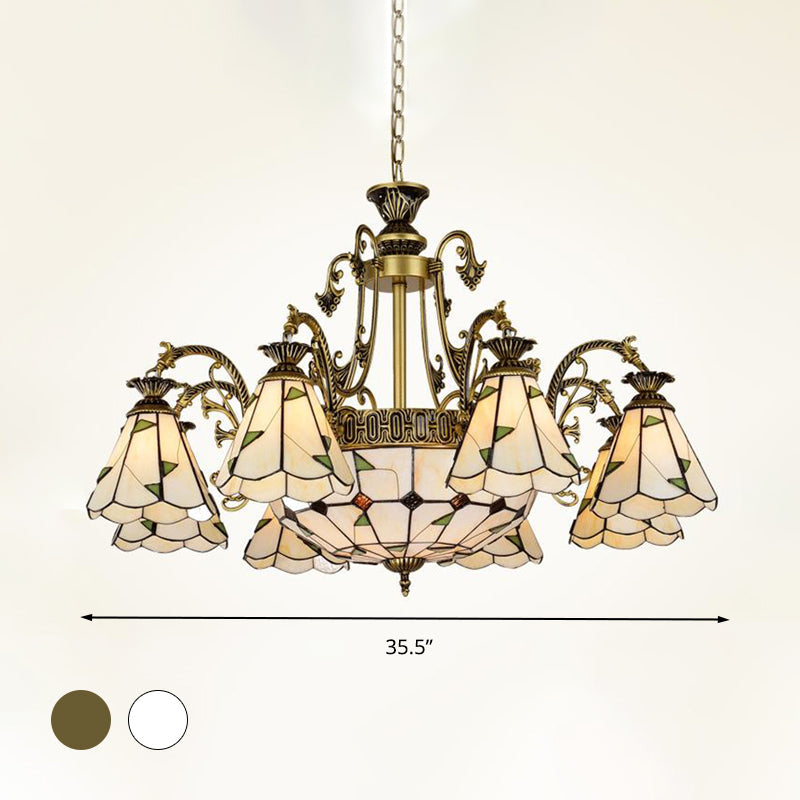 Stained Glass Chandelier Light Fixture - Mediterranean Style with 3/5/11 Lights, White/Antique Brass, Ceiling Pendant