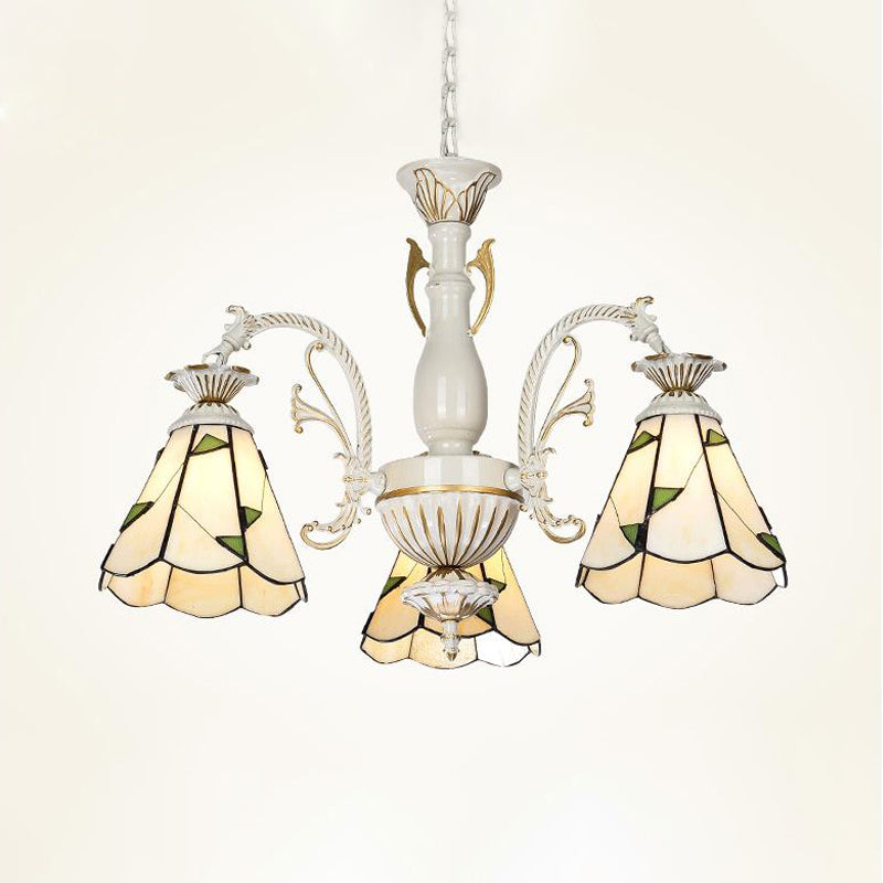 Mediterranean Stained Glass Chandelier Light Fixture - Conical Design 3/5/11 Lights White/Antique