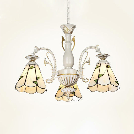 Mediterranean Stained Glass Chandelier Light Fixture - Conical Design 3/5/11 Lights White/Antique