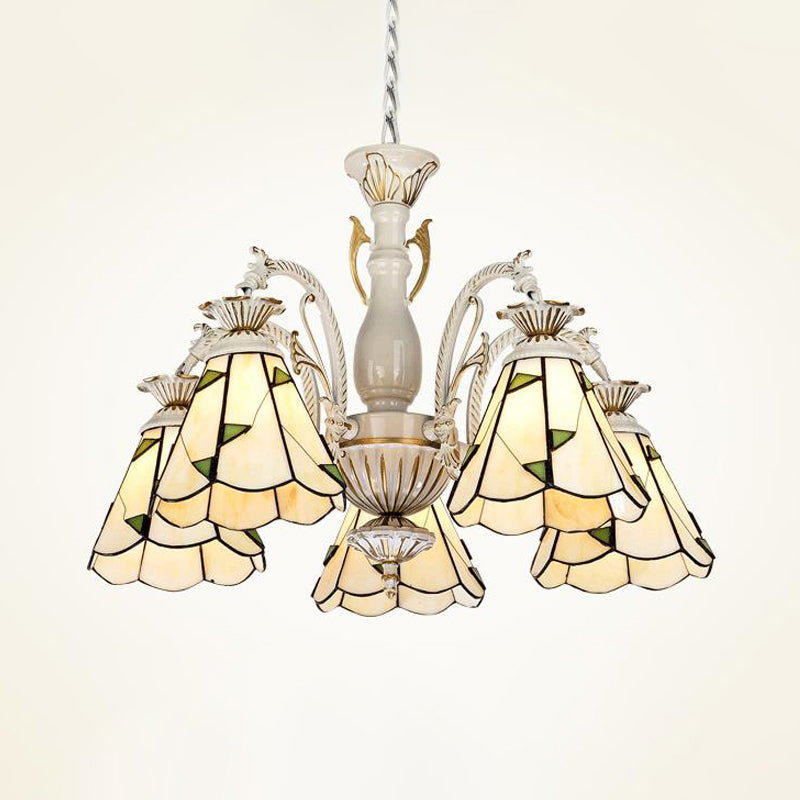 Stained Glass Chandelier Light Fixture - Mediterranean Style with 3/5/11 Lights, White/Antique Brass, Ceiling Pendant