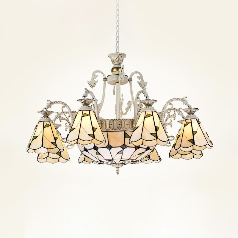 Stained Glass Chandelier Light Fixture - Mediterranean Style with 3/5/11 Lights, White/Antique Brass, Ceiling Pendant