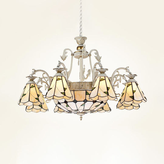 Stained Glass Chandelier Light Fixture - Mediterranean Style with 3/5/11 Lights, White/Antique Brass, Ceiling Pendant