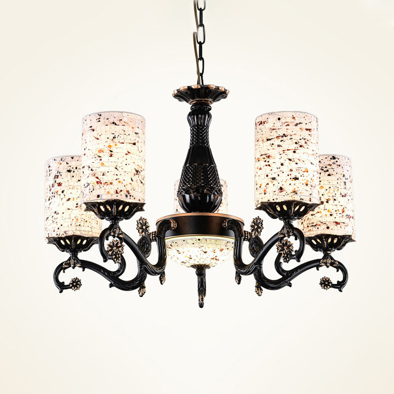 Mediterranean Stained Glass Cylinder Chandelier - 4/6/9 Hanging Lights Black Pendant Suspension