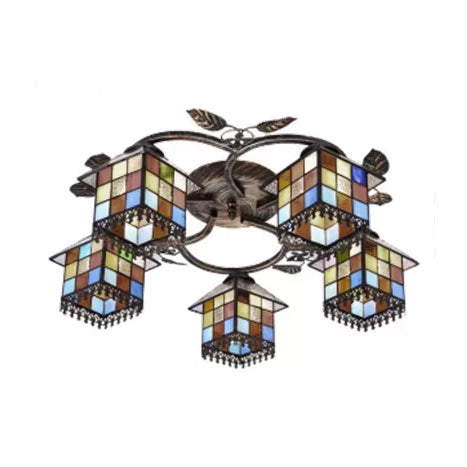 Antique Brass Stained Glass Ceiling Light - Cube Semi Flush Mount with Leaf Decoration, Tiffany Style