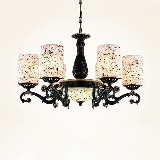 Mediterranean Stained Glass Cylinder Chandelier - 4/6/9 Hanging Lights Black Pendant Suspension