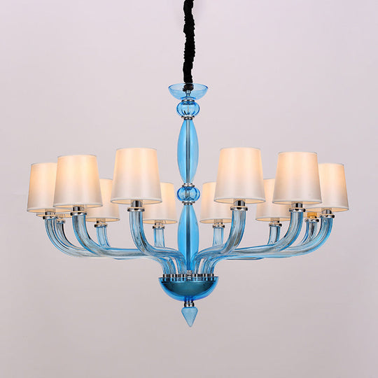 Tradition Starburst Glass Chandelier - 12 Bulbs White/Red/Blue With Cone Fabric Shade Blue