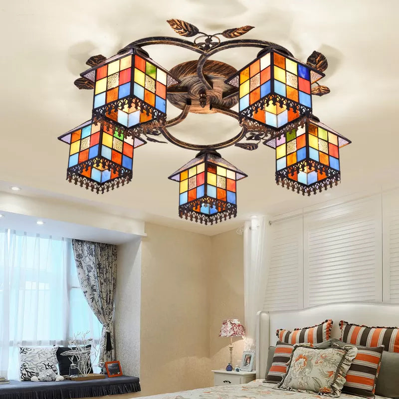 Antique Brass Stained Glass Ceiling Light - Cube Semi Flush Mount with Leaf Decoration, Tiffany Style