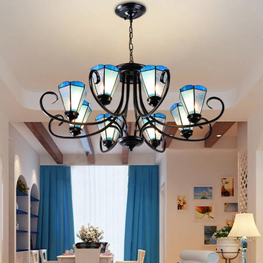 Baroque Blue Frosted Glass Cone Ceiling Pendant Light - Black with 3/6/8 Lights, 18"/27.5"/32.5" W