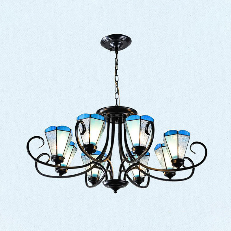 Baroque Blue Frosted Glass Cone Ceiling Pendant Light - Black with 3/6/8 Lights, 18"/27.5"/32.5" W