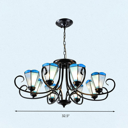 Baroque Blue Frosted Glass Cone Ceiling Pendant Light - Black with 3/6/8 Lights, 18"/27.5"/32.5" W