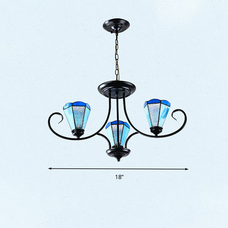 Baroque Blue Frosted Glass Cone Ceiling Pendant Light - Black with 3/6/8 Lights, 18"/27.5"/32.5" W