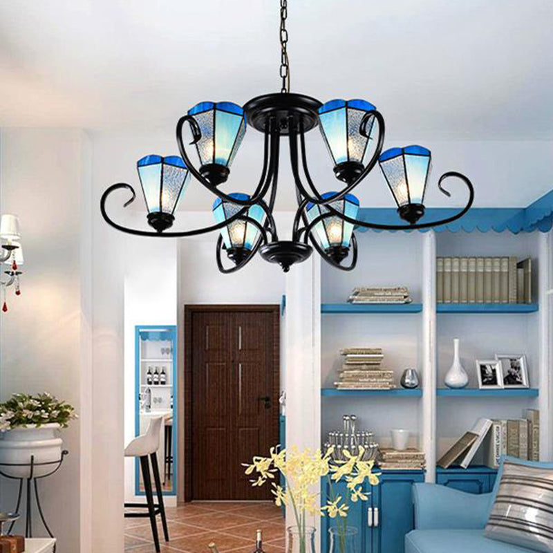 Baroque Blue Frosted Glass Cone Ceiling Pendant Light - Black with 3/6/8 Lights, 18"/27.5"/32.5" W