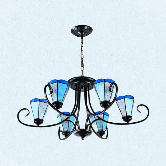 Baroque Blue Frosted Glass Cone Ceiling Pendant Light - Black with 3/6/8 Lights, 18"/27.5"/32.5" W