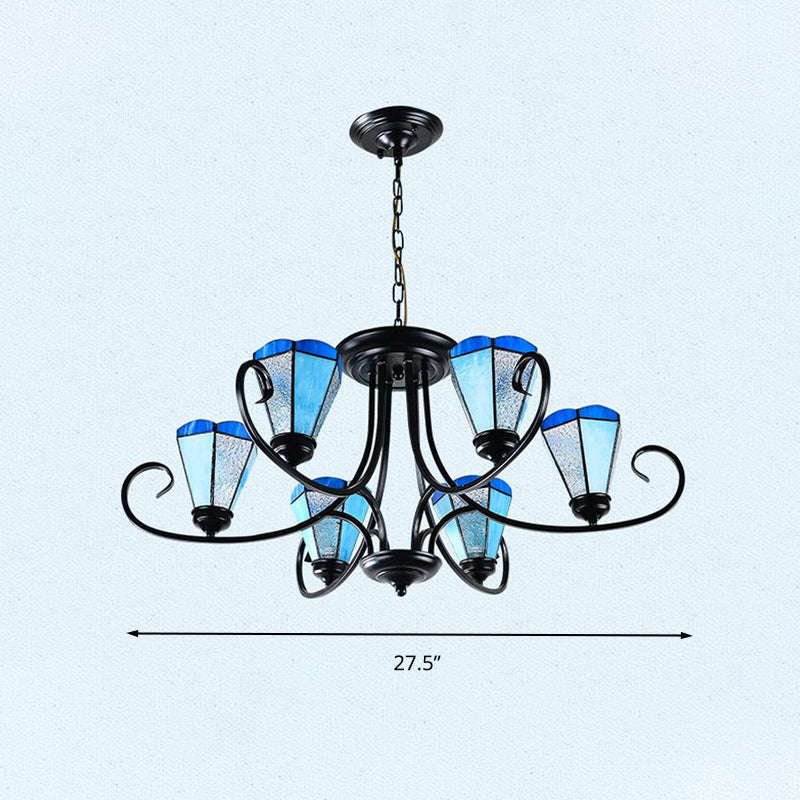 Baroque Blue Frosted Glass Cone Ceiling Pendant Light - Black with 3/6/8 Lights, 18"/27.5"/32.5" W