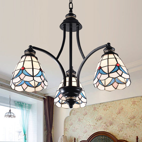 Stained Glass Chandelier - Scrolling Arm, Mediterranean Design, 3/5/8 Lights, Black Suspension Fixture