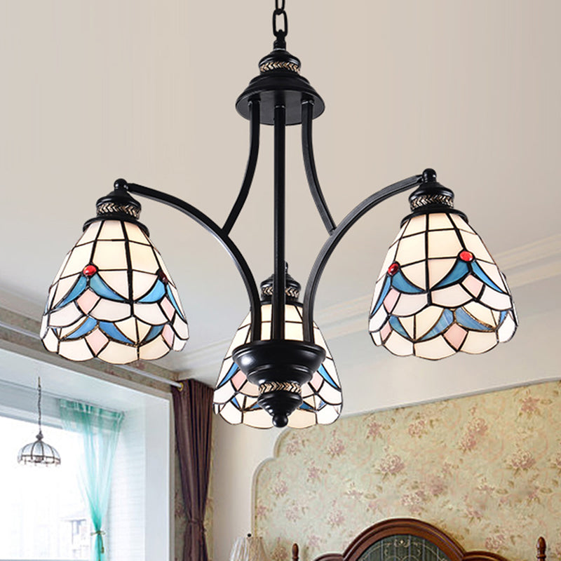 Stained Glass Chandelier - Scrolling Arm Design In Mediterranean Style With 3/5/8 Lights Black