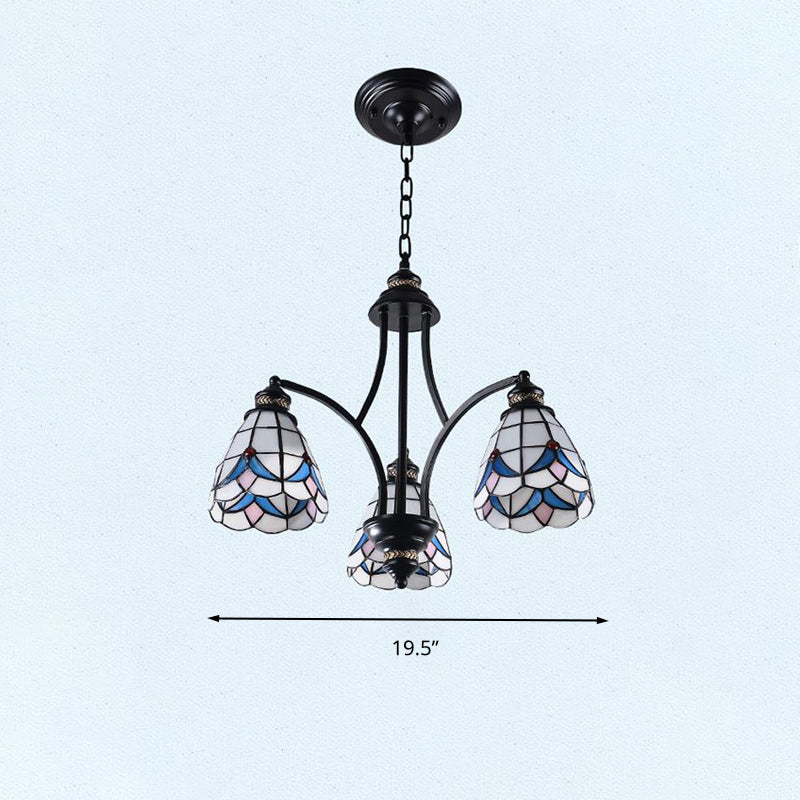 Stained Glass Chandelier - Scrolling Arm, Mediterranean Design, 3/5/8 Lights, Black Suspension Fixture