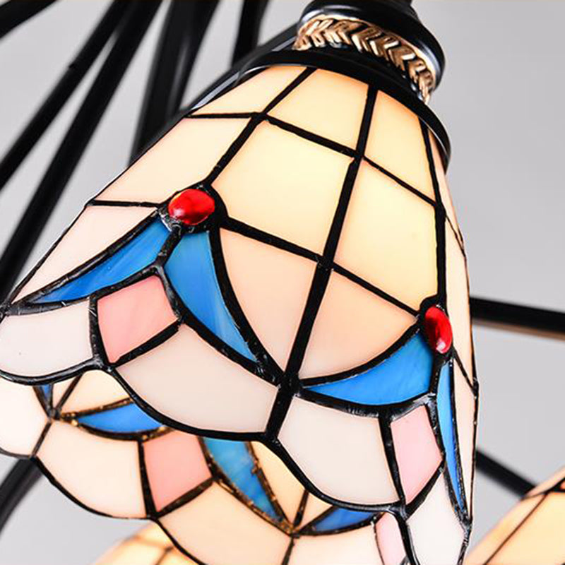 Stained Glass Chandelier - Scrolling Arm, Mediterranean Design, 3/5/8 Lights, Black Suspension Fixture