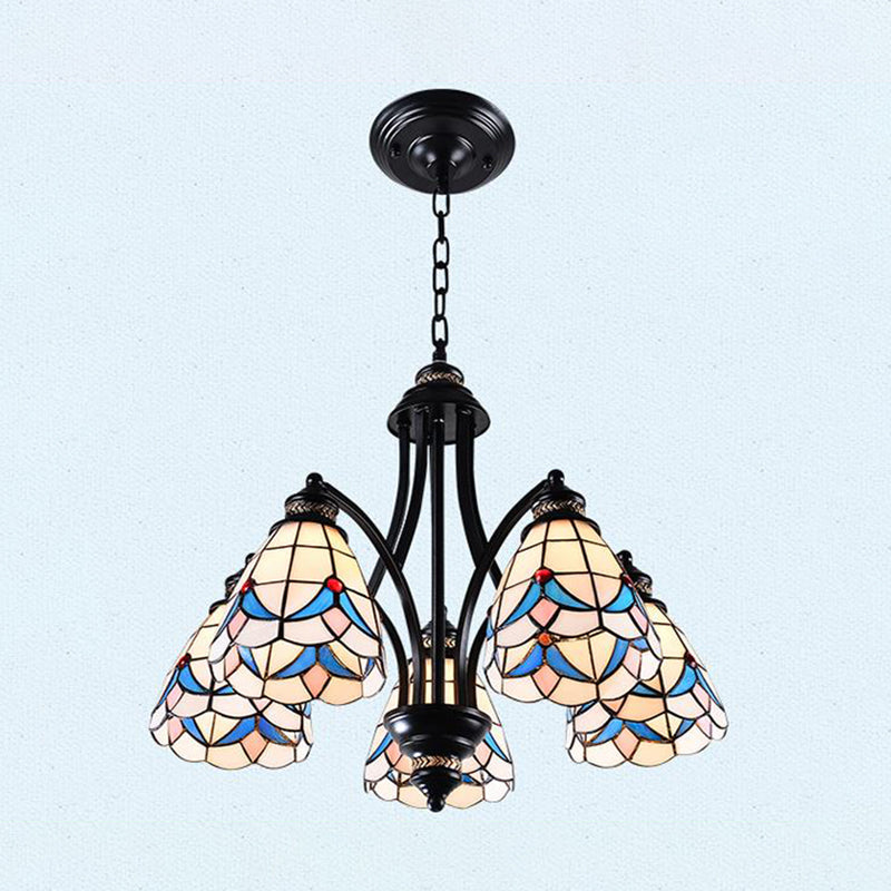 Stained Glass Chandelier - Scrolling Arm, Mediterranean Design, 3/5/8 Lights, Black Suspension Fixture