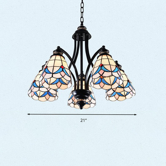 Stained Glass Chandelier - Scrolling Arm, Mediterranean Design, 3/5/8 Lights, Black Suspension Fixture