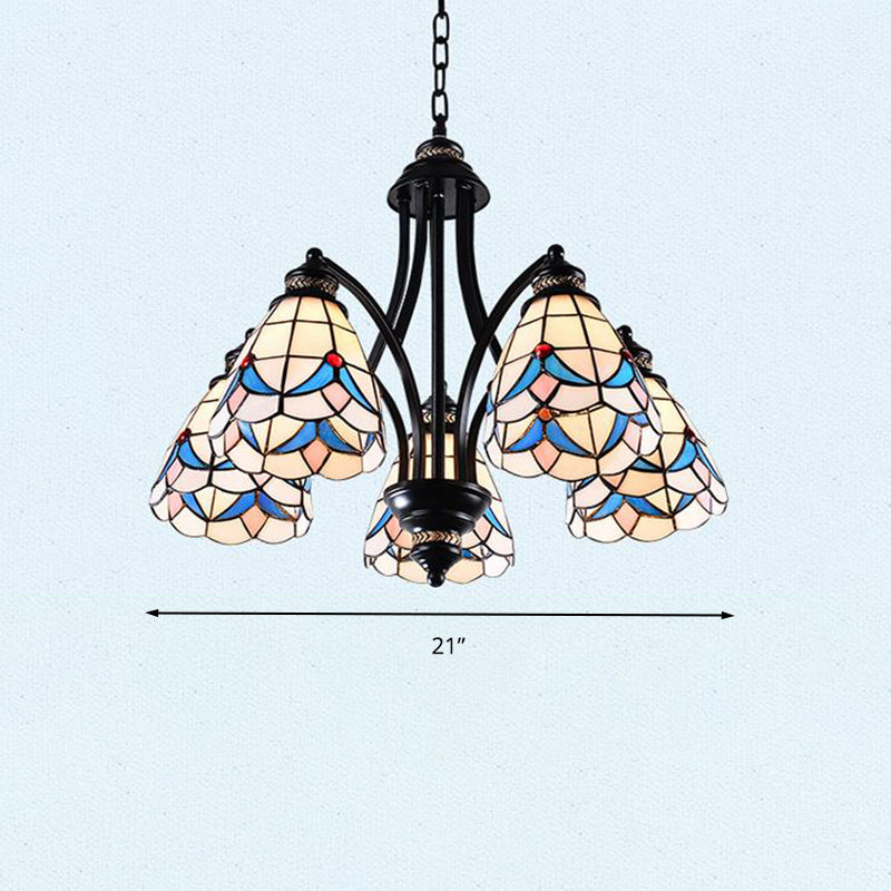 Stained Glass Chandelier - Scrolling Arm Design In Mediterranean Style With 3/5/8 Lights Black