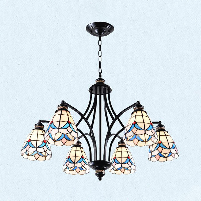 Stained Glass Chandelier - Scrolling Arm, Mediterranean Design, 3/5/8 Lights, Black Suspension Fixture