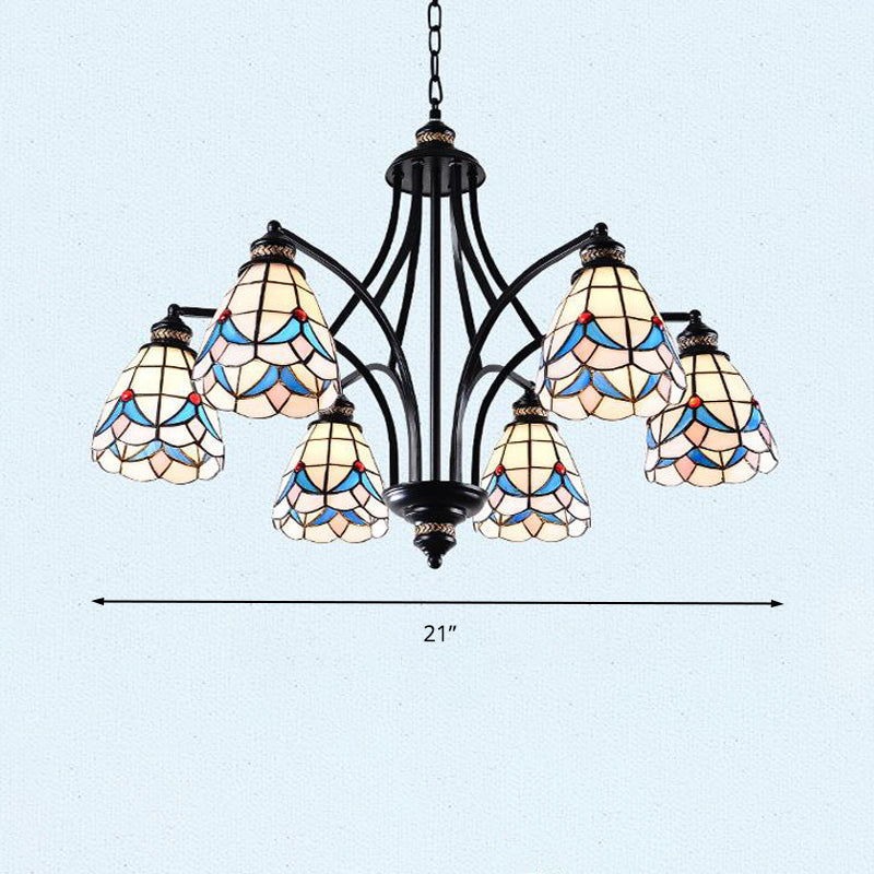 Stained Glass Chandelier - Scrolling Arm, Mediterranean Design, 3/5/8 Lights, Black Suspension Fixture