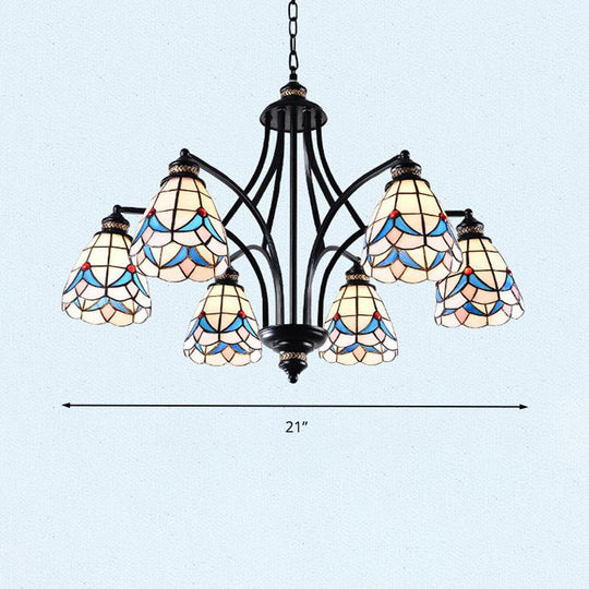 Stained Glass Chandelier - Scrolling Arm, Mediterranean Design, 3/5/8 Lights, Black Suspension Fixture