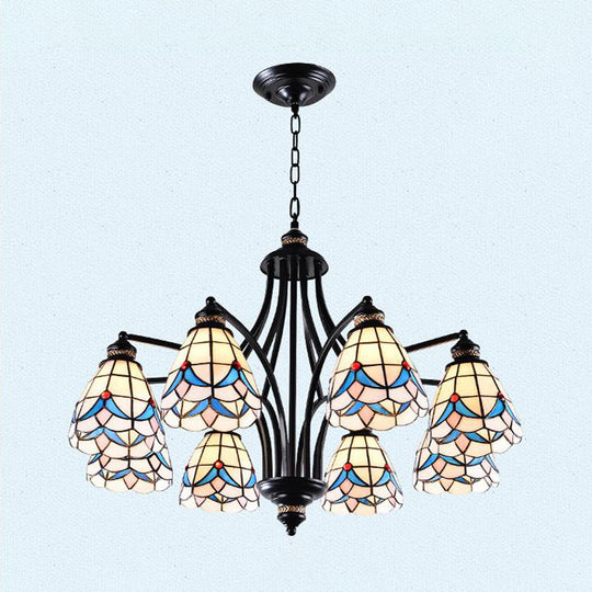 Stained Glass Chandelier - Scrolling Arm, Mediterranean Design, 3/5/8 Lights, Black Suspension Fixture