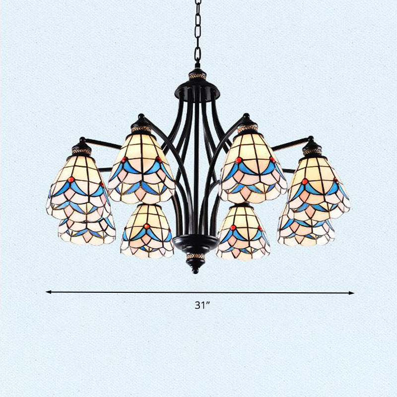 Stained Glass Chandelier - Scrolling Arm, Mediterranean Design, 3/5/8 Lights, Black Suspension Fixture