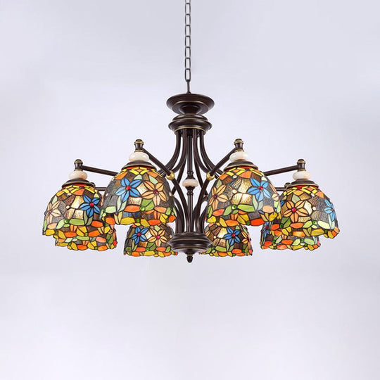 Mediterranean Stained Glass Flower Chandelier: Black Hanging Lamp for Living Room with 3/5/8 Lights